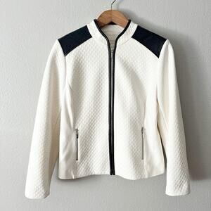 Chico's Size 2 Diamond Quilted Faux Leather Trim ZipUp Jacket Women's Size Large